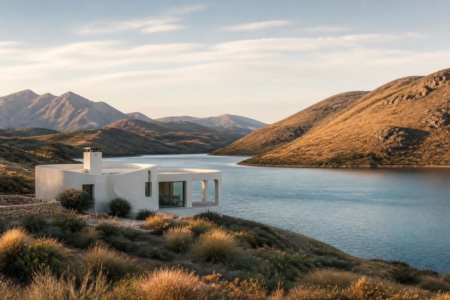 MeshStudio-generated sample image of a sculptural house beside a lake